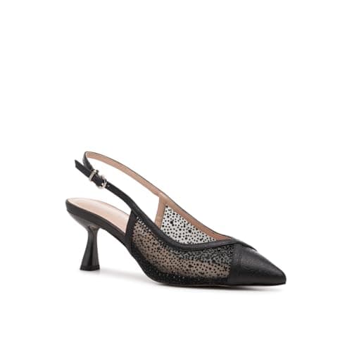 Image of Paradox London Fascinate Wide Fit Slingback Heels, Shimmer Mesh, 7cm Flared Mid Heel (Black, UK Footwear Size System, Adult, Women, Numeric, Wide, 5)