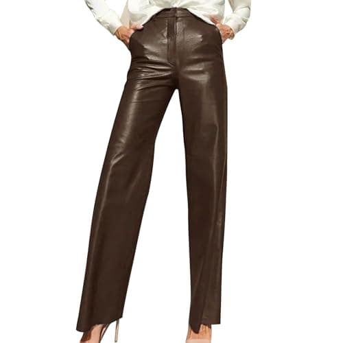 Image of Women's Leather Trousers 2025,High Waist Hip Lift Straight Lounge Pants with Pockets Solid Color Business Work Trousers Loose Wide Leg Joggers Spring Palazzo Straight Legs Pant Gym Sweatpant Yoga