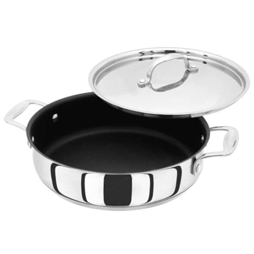 Image of Stellar Profile Stainless Steel Non-Stick Shallow Casserole Pan with Lid 24cm, Twin Handles, Induction Ready, Dishwasher Safe