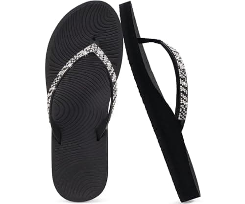 Image of KuaiLu Women's Rhinestone Flip Flops with Comfort Arch Support Yoga Mat Cushion Sandals Fashion Summer Beach Pool Travel Orthotic Walking Thong Sandles Slip on Plantar Fasciitis Black 7