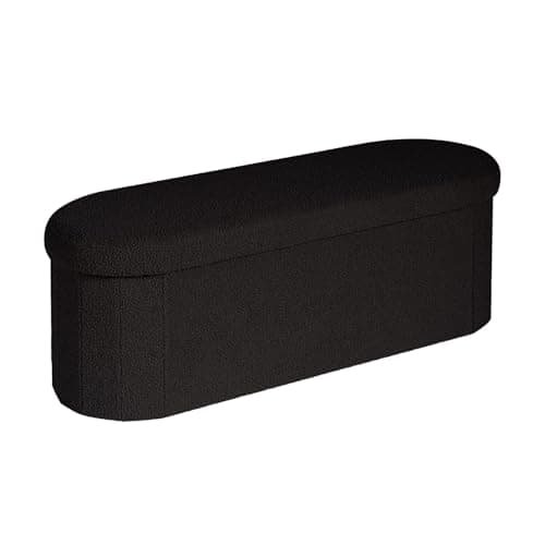 Image of Bonlife Folding Ottoman Storage Bench,Boucle Footstool Oval, End of Bed Stool, Ideal for Living Room, Bedroom, 120L Storage Space,Black,110X38X38CM