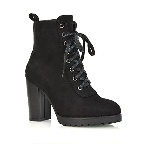 Image of ESSEX GLAM Womens Block Heel Ankle Boot Ladies Lace Up Heeled Biker Booties Size 3-8