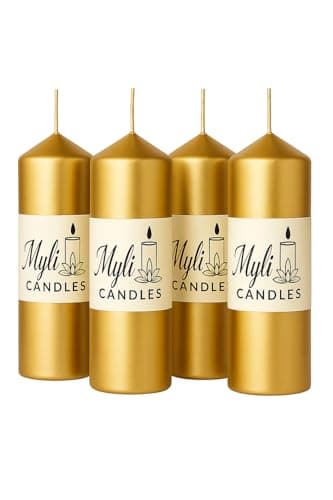 Image of Long Lasting Unscented Metallic Gold Pillar Candle - 40 Hours Burn Time - 6 x 15 cm, 4 Pack
