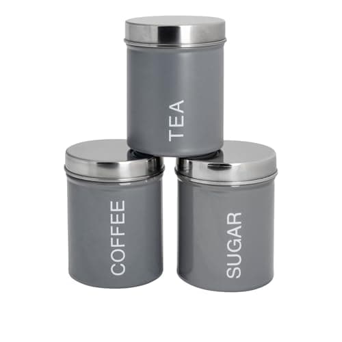 Image of Harbour Housewares Metal Tea Coffee Sugar Canister Set - Grey - 3pc Round Retro Food Storage Preservation Canister Caddy Container Tin with Airtight Fit Lid for Kitchen Organisation & Home Décor