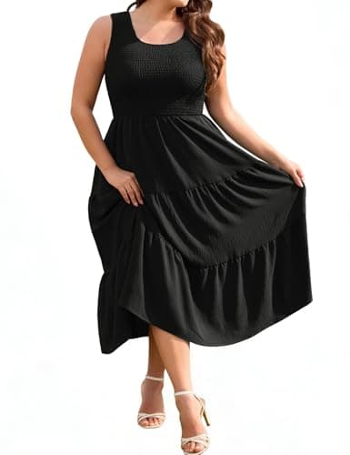 Image of PASUDA Summer Maxi Dresses for Women Plus Size Sleeveless Smocked Tank Dress Casual Square Neck Sundress Holiday Beach Festival Flowy A-Line Long Dresses XL-4XL (Black, XL)
