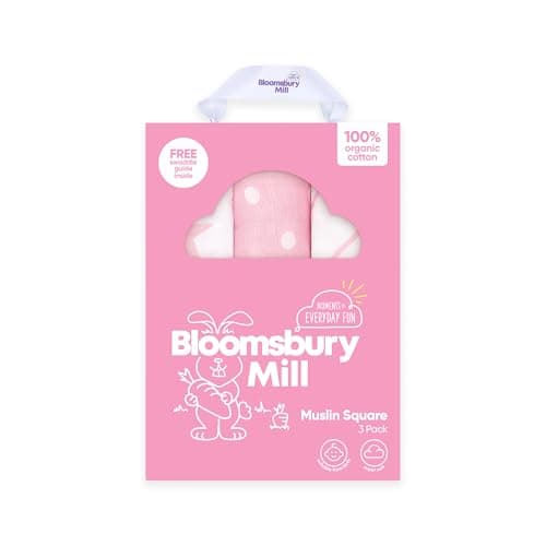 Image of Bloomsbury Mill - Muslin Cloths for Baby - Soft 100% Organic Cotton Muslin Squares - Baby Muslins Pack of 3 - Large Burp Cloths - Newborn Essentials - Pink & White - 70x70cm