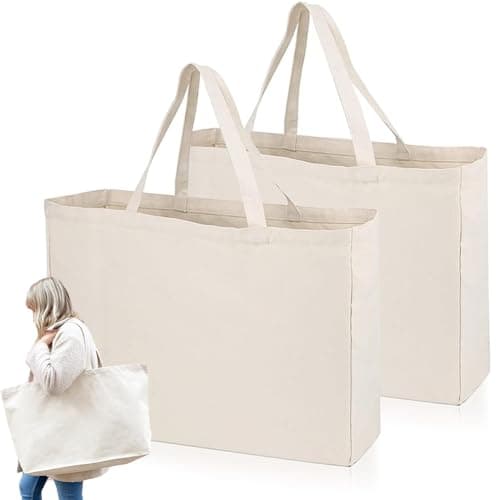 Image of KUIZHEN Cotton Bag, 2 PCS Bags Tote Reusable Large Canvas Bag with Handle Natural Cotton Tote Bags Blank Cottonbag for Shopping and Travelling 45 x 35 cm