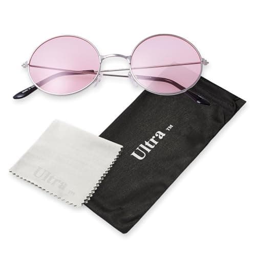 Image of Ultra Large Round Retro Sunglasses UV400 - Large Circle Unisex Metal Frame with Spring Hinges, Carry Pouch & Cleaning Cloth Mens Womens Shades - Silver with Light Pink Lenses