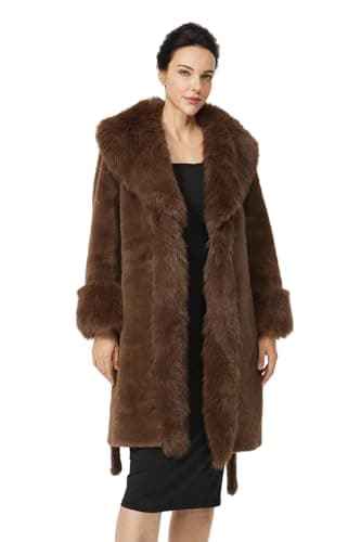 Image of BEAUTELICATE Women’s Faux Fur Lapel Coat Mid-length Belted Lined Overcoat Oversized Loose-fit Fluffy Winter Outerwear With Pockets Hooks Closure Brown, L