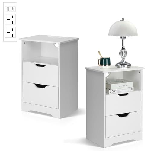 Image of Karl home Bedside Table, Set of 2 Side End Table Nightstand with Power Strip, 2 Drawers, Open Storage Shelf, 2 AC Outlets, USB & Type-C Port, Night Stand for Living Room, Bedroom, White