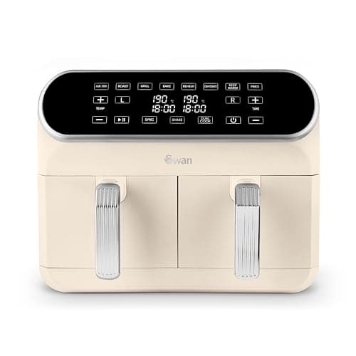 Image of Swan SD10519C Retro Dual Basket Air Fryer with Swan Cyclone Technology, LED Display, 8 Pre-Set Cooking Options, Adjustable Temperature, 8L, 1700W, Cream