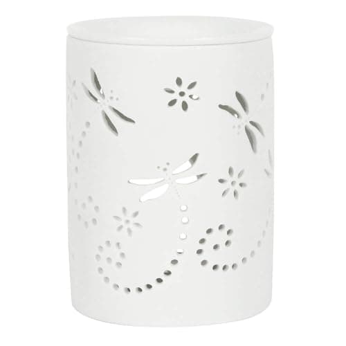 Image of Enchanting White Ceramic Dragonfly Oil Burner - 11.5cm x 8.5cm (1 Pc) - Elegant Cutout Design - Perfect Ambience Enhancer for Home & Office