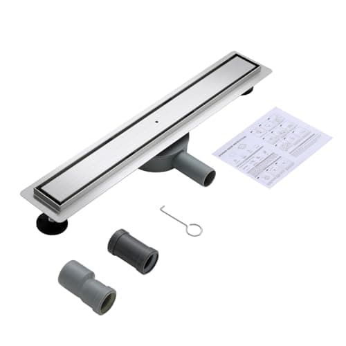 Image of OUGOO Linear Shower Drain 60cm, 2-in-1 Tile Insert Floor Drain, 304 Stainless Steel Wet Room Channel with 360° Rotatable Siphon, Hair Strainer & Odour Trap, DN40/50 Adapters - Brushed Steel