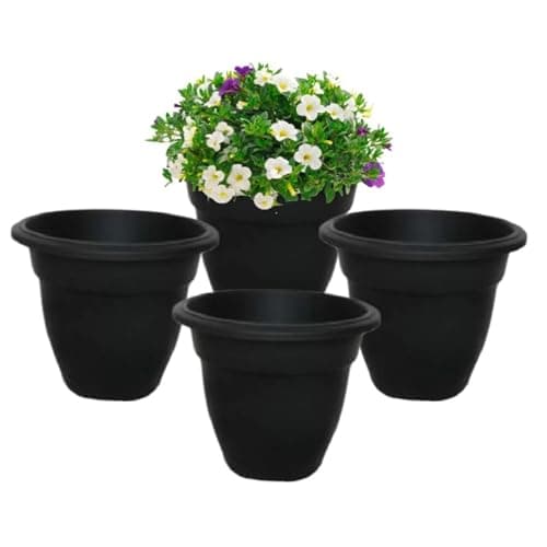 Image of Shop4allsorts 4 x Black 20cm small round bell plant pot - plastic plant pot - small indoor and outdoor garden planter - traditional bell shape pot.