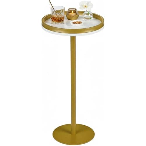 Image of ZEXVIDA Martini Table, Small Round Drink Table with Weighted Base,Modern White & Gold Pedestal End Table with Tray Top Edge for Small Spaces, Living Room, Next to Sofa,24.7" Tall