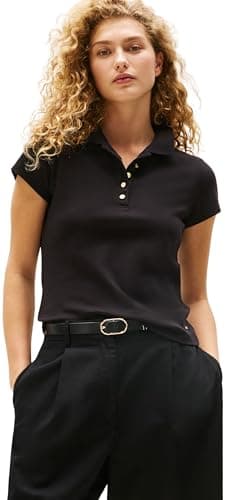 Image of Tommy Hilfiger Women’s Short Sleeve Gold Button Slim Fit T-Shirt with Stretch, Black (Black), XL