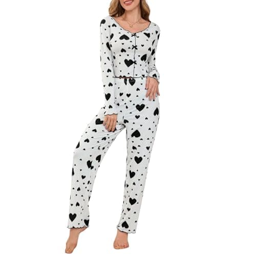 Image of Women's 2 Pieces Soft Long Sleeve Heart Print Pajama Set Crop Top + High-Waisted Stretch Pants, Cute Pjs Ladies Sleepwear Cozy Nightwear Lounge Set S-XL (UK, Alpha, M, Regular, Regular, Black)