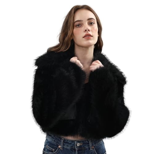 Image of Amazhiyu Womens Faux Fur Coat, Ladies Lapels Neck Long Sleeve Jacket, Winter Warm Plush Outwear with Pockets Black S