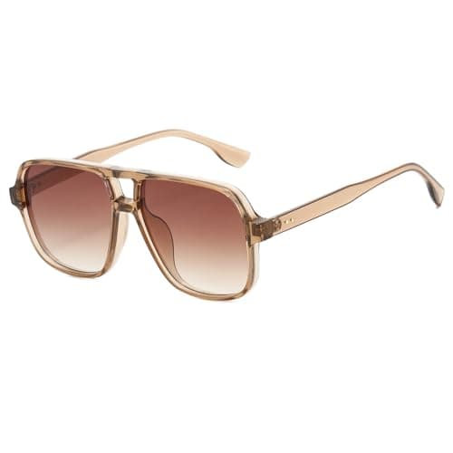 Image of Long Keeper Retro Square Pilot Sunglasses for Women Men Oversize Retro Aviation Square Sunglasses Double Bridge Sun Glasses Vintage Shades UV400 (Clear Brown Frame - Gradient Brown Lens)