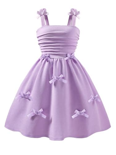 Image of GORGLITTER Girl's Bow Sleeveless Swing Midi Cami Dresses Ruched Flared Flowy Summer Party Sundress Aged 8-12 Years Purple Bow 10Y