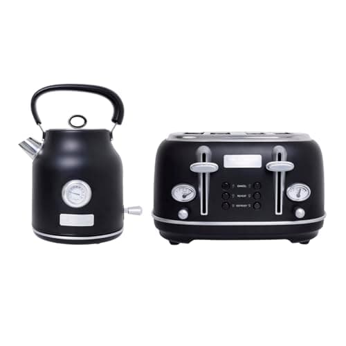 Image of CHARLES BENTLEY Kettle & Toaster Set, Matt Black and Silver, 1.7L 3kW Fast Boil Kettle + 4 Slice 1750W Toaster, 360° Swivel Base, 6 Level Browning, Defrost, Reheat, Auto Shut Off, Removable Crumb Tray