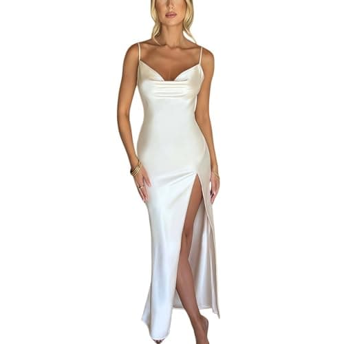 Image of Women's Satin Bodycon Dress, Cowl Neck Spaghetti Strap Sleeveless High Slit Midi Evening Dress, Solid Backless Cocktail Wedding Guest Dresses, Slim Fit Long Pencil Cami Casual Bridesmaid Party Dresses
