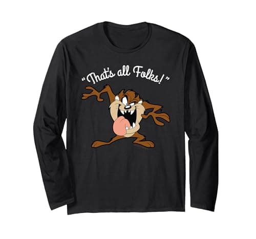 Image of Looney Tunes Taz That's All Folks White Long Sleeve T-Shirt, Adult Unisex, Black, Medium