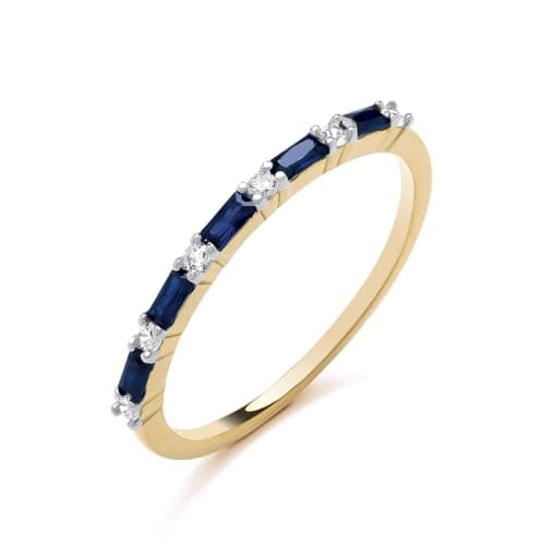 Image of Old English Jewellers 9ct Yellow Gold on Silver Blue Sapphire Cz Baguette Cut Eternity Band Ring size K L M N O P Q R S (N)