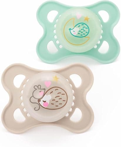 Image of MAM Latex Original Night Soothers | 0-6 Months | Glow in The Dark Dummies | Comes in Dummy Steriliser Case | Baby Accessories for Newborn | Green/Cream (Various Designs)