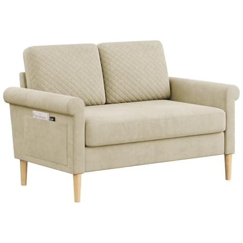 Image of Vesgantti Fabric Small 2 Seater Sofa, 123cm Loveseat Sofa with Bilateral Pocket Storage, Upholstered Couch Perfect for Living Room Bedroom Office Apartment, Tool-free Assembly, 123L*70D*88Hcm, Beige