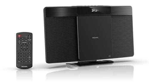 Image of Roxel Micro HiFi System CD Player with DAB/DAB+/FM Radio, Wireless BT V5.4, Powerful Speakers, Wall Mountable, USB & AUX In, Remote Control, Sleek & Flat Design, White LED Display (RCD-200D DAB)