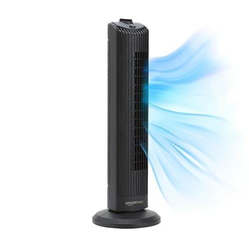 Image of Amazon Basics 28" (71 cm) 60-Degree Oscillating Tower Fan for Bedroom, Living Room, Office, With 3 Speeds, Intuitive Mechanical Control, Matte Black, 35W, 27.8" x 9.4" x 9.4" (71 cm x 24 cm x 24 cm)