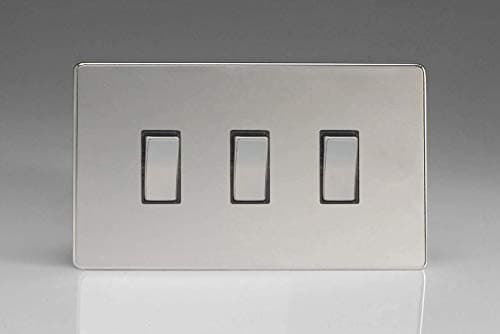 Image of Varilight 3-Gang 10A 1- or 2-Way Rocker Light Switch (Twin Plate) Polished Chrome XDC93S, 86x147x25mm
