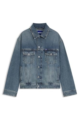 Image of HUGO Mens Kirkby Loose-fit jacket in blue stonewashed denim