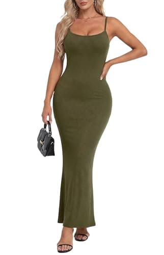 Image of IWOLLENCE Bodycon Maxi Dresses for Women UK Slip Long Sexy Backless Spaghetti Strap Square Neck Tight Elegant Lounge Ribbed Dress with Stretch (Army Green, XL)