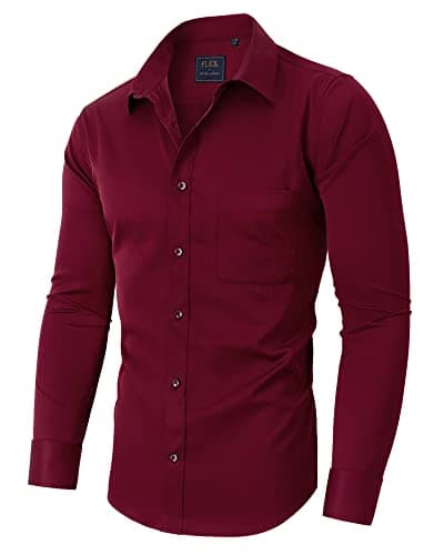 Image of siliteelon Burgundy Shirt Mens Fashion Stretch Dress Formal Cotton Long Sleeve Work Shirt Smart Casual Button Down Business Wedding Party Shirts for Men Adult S