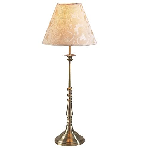 Image of Antique Brass Vintage Candlestick Table Lamp with Cream Damask Shade | 55cm Height | 1 x SES E14 Lamp Bulb Required (Not Included) | Inline Switch | UK Approved | Metal Lathe Turned Column