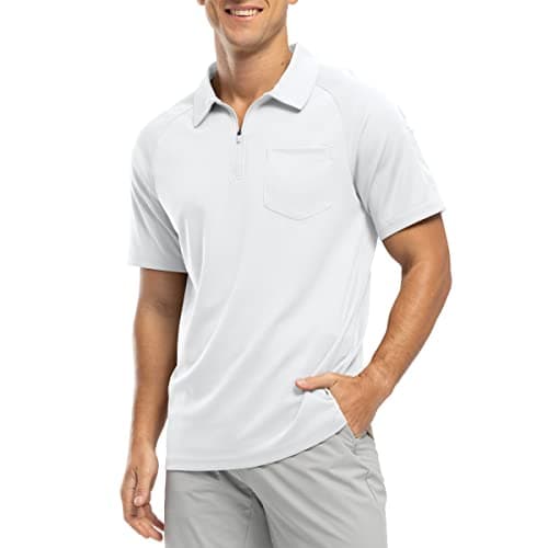Image of Rdruko Mens Golf Tops 1/4 Zip Summer Short Sleeve Polo Shirt with Pocket Casual Smart Breathable Quick Dry Polyester T Shirts White 3XL