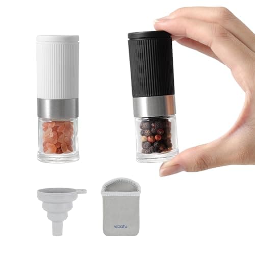 Image of vzaahu Mini Salt and Pepper Grinder Set Black and White with Bag and Funnel, Small Travel Portable Spice Tools, Adjustable Coarseness, Refillable, Ceramic Burrs Seasoning Mills for Cooking, BBQ, RV