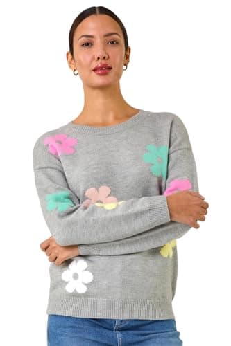 Image of Roman Originals Thick Jumper for Women UK - Ladies Winter Autumn Smart Casual Knit Knitted Knitwear Pull-On Round Crew Neck Long Sleeve Work Office Dinner Party - Grey Multi - Size 14