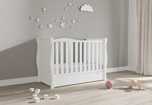 Image of Viculii Willow Baby Sleigh Mini Cot Bed with Drawer and Mattress 120x60x10cm | 3 in 1 Baby White Cot Converts to Toddler Bed Junior Bed