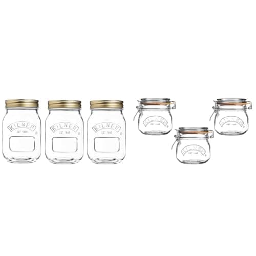 Image of Kilner Set of 3, 0.5 Litre Round Glass Screw Top Lid Preservation Storage Jars & Set of 3 Clip Top Round Jars, 0.5 Litre, Orange