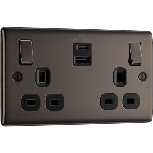 Image of BG Electrical 45W Double Switched Power Wall Plug Socket with Super Fast Charge USB A & USB C Charging Ports, Nexus Metal, Black Nickel, 13A, NBN22UAC45B