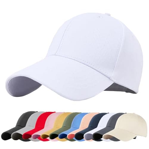 Image of Enwokran Plain Baseball Cap, Unisex Classic 6 Panel Adjustable Casual Cotton Snapback Closure Anti UV Summer Sports Sun Visor Hat (White)