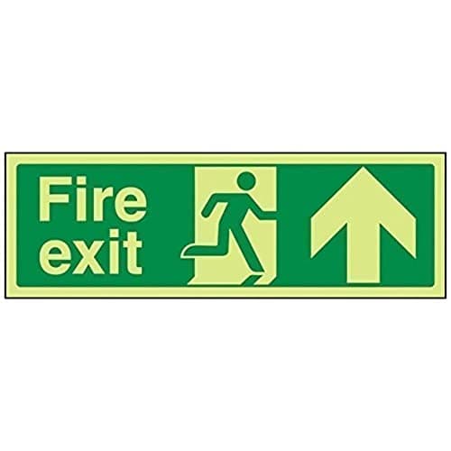 Image of V Safety Glow In The Dark Fire Exit Arrow Up Sign - 300mm x 100mm - Rigid Plastic