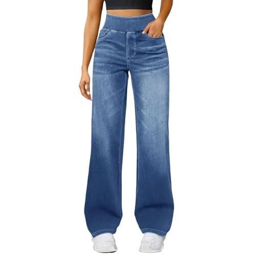 Image of Wide Leg Jeans for Women UK，High Waisted Pull On Stretch Comfy Palazzo Trousers Casual Denim Pants with Pockets for Everyday Wear，Stretch Jeans for Women