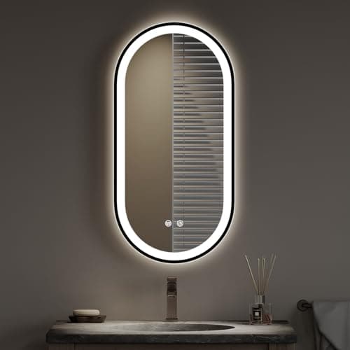 Image of Warmiehomy Bathroom Mirror with LED Lights,Oval 400x800mm Illuminated LED Bathroom Mirror with 3 Colour Dimmable Lights Demister Pad Touch Control,Black Frame