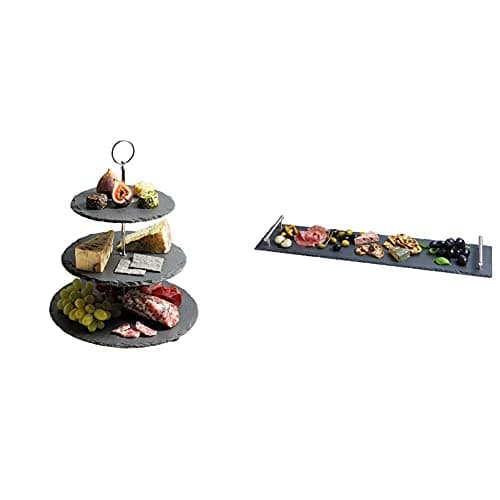 Image of Artesà Three Tier Slate Cake Stand Serving Set, Cake Standing Set, 28.5x34.5cm, Gift Boxed & Tableware, Slate Serving Platter With Brushed Metal Handles, 60 x 15cm, With Gift Box