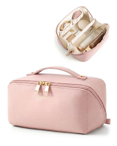 Image of BAGSMART Travel Makeup Bag, Flat Lay Make Up Case, PU Leather Waterpoof Cosmetic Organiser with Clear Pocket for Brushes, Small Toiletry Bag with Handle, Essential for Women, Pink