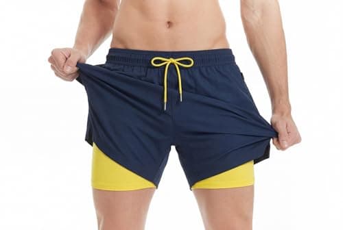 Image of MaaMgic 5" Mens Swim Shorts with Compression Liner 4-Way Stretch Bathing Suit Swimming Shorts with Pockets,Navy Yellow,M